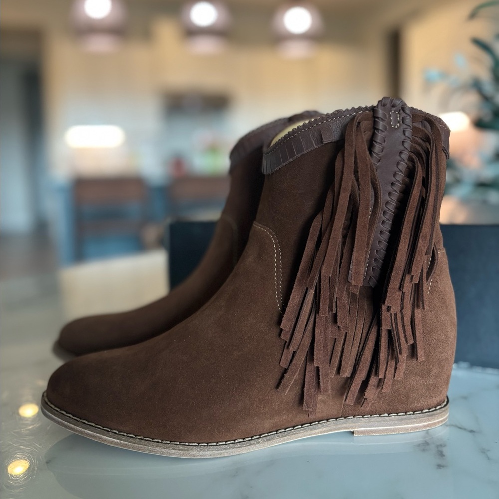 Lucchese Hidden Wedge Brown Suede Fringe Booties - Picture 2 of 11
